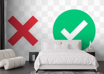 green check mark, red cross mark icon set. isolated tick symbols, checklist signs, approval badge. f Wall mural