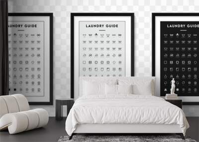 Laundry guide poster icons on picture frame set vector. Isolated Laundry care symbols mockup. Washing signs black frames mockups. Textile signs collection. Vector illustration. Wall mural