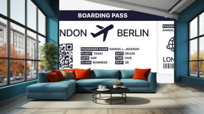 Realistic airline ticket. Isolated flight boarding pass  on white background. Modern plane ticket with city, passenger, gate, flight, class, seat. Travel concept, flat vector illustration. Wall mural