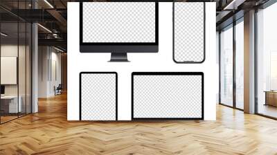 Set of realistic vector device mockup. Blank screen computer, monitor, laptop, tablet, mobile smart phone. Editable devices screens template on white background. Isolated dark design illustration Wall mural