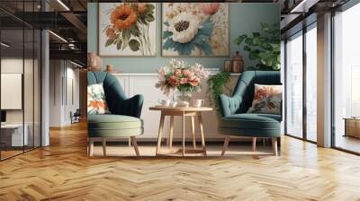 Wooden chairs at table with flowers in bright living room interior with armchair. generative ai Wall mural