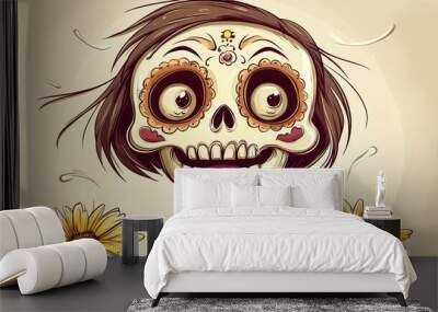 Day of dead mexican carnival funny girl skeleton illustration. Hand drawn style. Dia de muertos holiday design. Wall mural