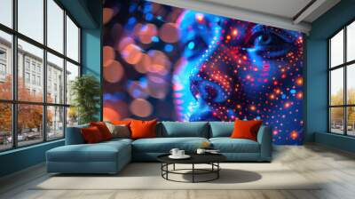 Digital human face in profile composed of glowing points in futuristic style on a dark background. Concept of science, technology and nature Wall mural