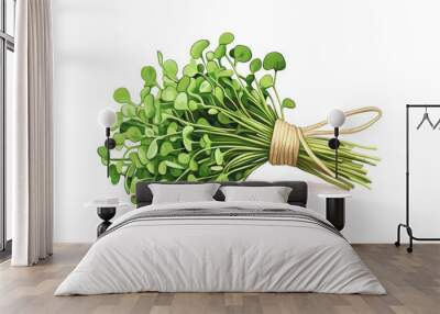 Illustration of bundle of fresh microgreens tied with twine, on a white background. Concept of healthy eating, fresh produce and vegan Wall mural