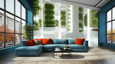 Modern indoor vertical microgreens farm with white futuristic design. Numerous green plants grow in columns. Concept of sustainable agriculture Wall mural