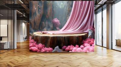 pink fabric draped over rustic wooden pedestal with flowers blossom and natural stone background Wall mural