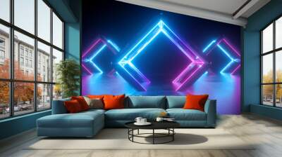 3d abstract neon background, square shapes, rhombus arch, pink blue glowing lines, futuristic gates construction, reflection Wall mural