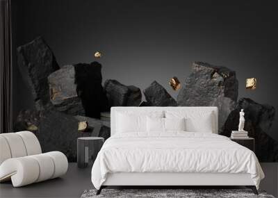 3d render, abstract background with black cobblestone ruins, broken rocks and golden nuggets. modern Wall mural