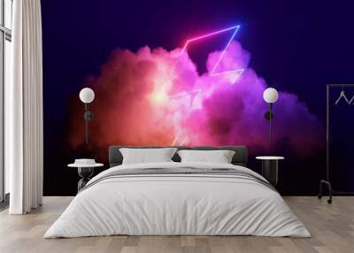 3d render, abstract background with cloud and neon lightning sign in the night sky. Stormy cumulus with glowing geometric shape Wall mural