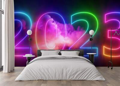 3d render, abstract background with colorful neon numbers and cloud. New year 2023 glowing in the sky Wall mural