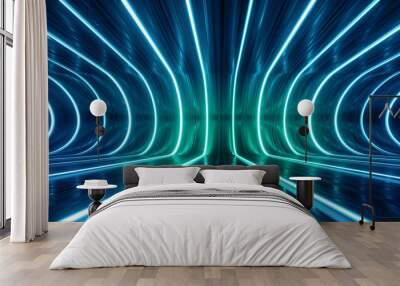 3d render, abstract background with glowing curvy lines, empty performance stage with floor reflections Wall mural