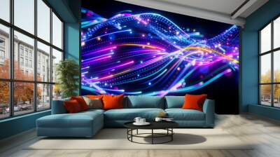 3d render, abstract background with pink blue neon lines glowing in ultraviolet light, and bokeh lights. Data transfer concept. Digital futuristic wallpaper Wall mural