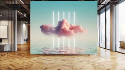 3d render, abstract background with pink cloud levitating in front of bright glowing neon vertical lines, with reflection in the water. Minimal futuristic seascape Wall mural