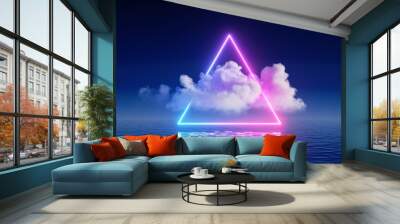 3d render, abstract background with white cloud levitates inside the glowing neon triangle, with reflection in the water. Minimal futuristic seascape Wall mural