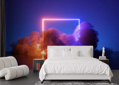 3d render, abstract background. Unique fantasy wallpaper with square geometric shape glowing with neon light, colorful cumulus cloud and water with reflection Wall mural