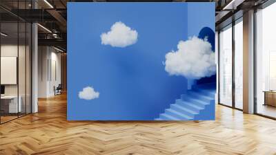 3d render, abstract blue minimalist background. White clouds flying out from the arch portal. Business metaphor. Minimalist wallpaper Wall mural