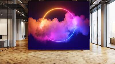 3d render, abstract cloud illuminated with neon light ring on dark night sky. glowing geometric shap Wall mural