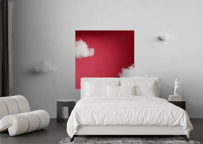 3d render, abstract fantasy background. Flying realistic clouds. Red square hole on the white wall. Minimalist geometric wallpaper Wall mural