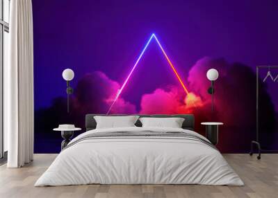 3d render, abstract fantasy background. Unique futuristic wallpaper with triangular geometric shape glowing with pink red neon light, colorful cloud and water Wall mural