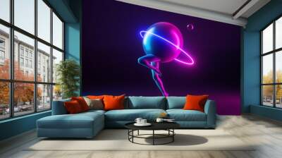 3d render, abstract futuristic glass ball with glowing ring, geometric shape with jumping legs, illuminated with neon light, surreal minimal fashion concept. Modern art performance stage Wall mural