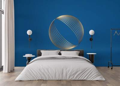 3d render, abstract geometric background, modern minimal concept, clean style. Round golden cage, gold sphere, ball, futuristic spherical shape. Modern mockup. Balance concept. Classic blue color 2020 Wall mural