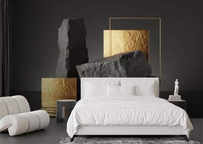 3d render, abstract geometric background with gold panels, golden frame, black broken coal rocks cob Wall mural