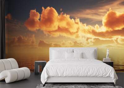 3d render, abstract landscape background, seascape sunset, golden sunlight and clouds above the calm water Wall mural