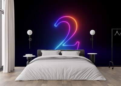 3d render, abstract linear neon number two, glowing digit isolated on black background Wall mural