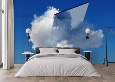 3d render, abstract minimal blue background with white cloud going through square mirror Wall mural