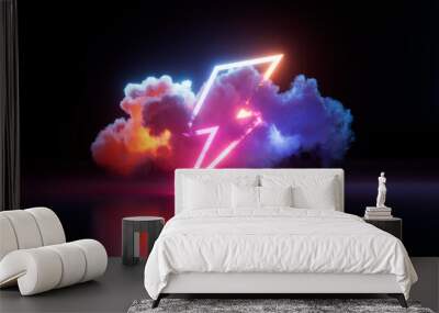 3d render, abstract minimalist background. Colorful cloud and neon lightning symbol. Stormy cumulus with glowing thunder sign Wall mural