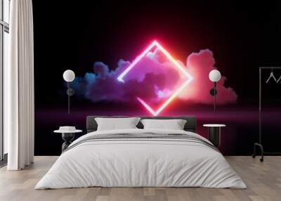 3d render, abstract minimalist geometric background. Illuminated cloud and colorful neon rhombus frame glowing in the dark. Futuristic wallpaper Wall mural