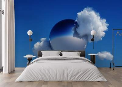 3d render, abstract modern minimal background with white clouds and chrome metallic mirror ball in the blue sky Wall mural