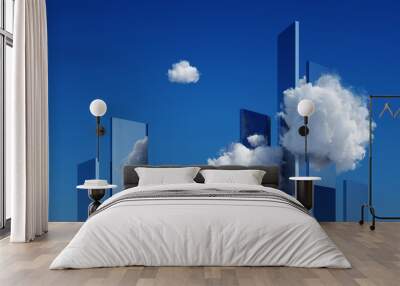 3d render, abstract modern minimal cityscape background, mirror skyscrapers under the blue sky with white clouds Wall mural