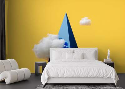 3d render, abstract modern minimal wallpaper, blue pyramid skyscraper with white clouds isolated on yellow background Wall mural