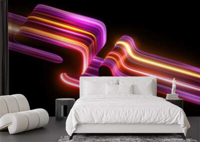 3d render, abstract multicolored folded ribbon isolated on black background, pink yellow red neon lines, digital futuristic wallpaper Wall mural