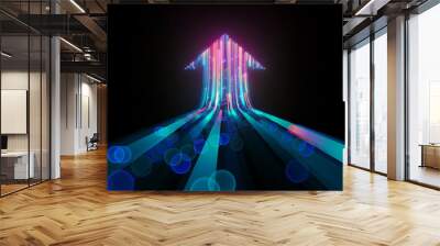 3d render, abstract neon arrow ascending. Technological success concept. Glowing colorful lines and bokeh lights Wall mural