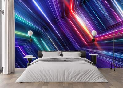 3d render, abstract panoramic background with colorful spectrum. Bright colorful neon rays and glowing lines. Wall mural