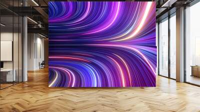 3d render, abstract panoramic background with tunnel turn. Bright purple pink neon rays and lines glowing in ultraviolet light Wall mural