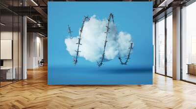 3d render, Abstract white fluffy cloud wrapped with spiral barbed wire, isolated on blue background. Wall mural