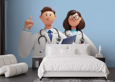 3d render, caucasian man and woman doctors, holds clipboard and shows index finger up. Medical colleagues hospital staff. Cartoon characters isolated on blue background Wall mural