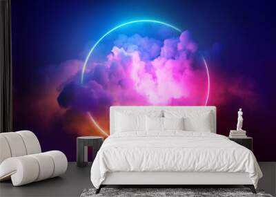 3d render, colorful neon ring glowing inside the stormy cloud on the dark sky, abstract background Wall mural