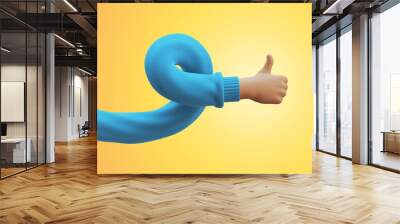 3d render, flexible twisted cartoon hand wears blue sweater, shows thumb up, like gesture. Social gesture clip art isolated on yellow background Wall mural