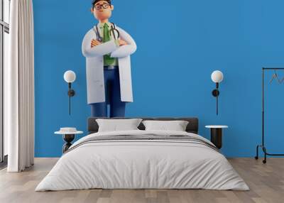 3d render, full height cartoon character, smart proud confident doctor wears glasses, isolated on blue background. Professional caucasian male specialist. Wall mural