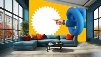 3d render, funny cartoon character tangled hand points to blank price tag in the shape of a star. Best offer recommendation concept. Business clip art isolated on yellow background Wall mural