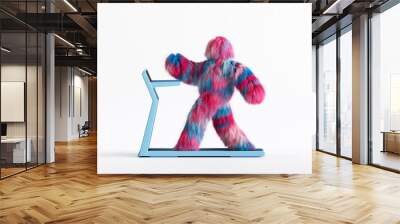 3d render, hairy beast Yeti walks on treadmill, furry monster cartoon character training. Colorful plush toy in active pose, isolated on white background Wall mural