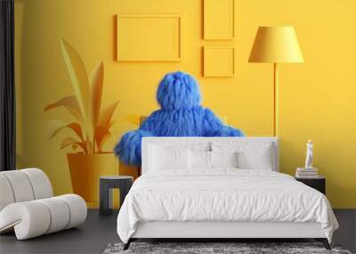 3d render, hairy yeti toy, blue cartoon character monster sits in an armchair inside modern minimal yellow living room. Abstract dollhouse interior Wall mural