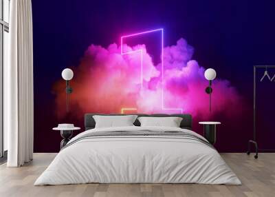 3d render, neon linear number one and colorful cloud glowing with pink blue neon light, abstract fantasy background Wall mural