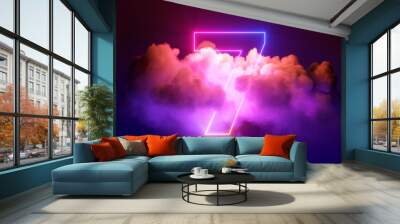 3d render, neon linear number seven and colorful cloud glowing with pink blue neon light, abstract fantasy background Wall mural