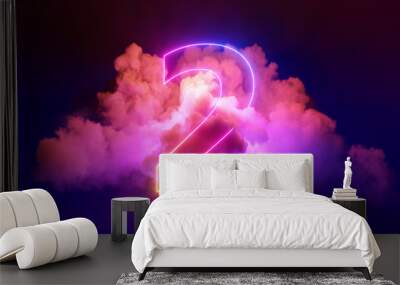 3d render, neon linear number two and colorful cloud glowing with pink blue neon light, abstract fantasy background Wall mural