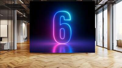 3d render, number six glowing in the dark, pink blue neon light Wall mural